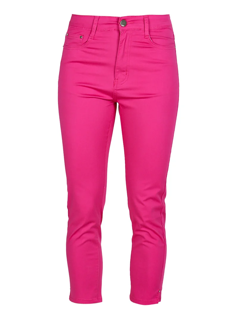 Pantaloni capri donna in cotone con piccolo spacco e strass sul finale - fucsia