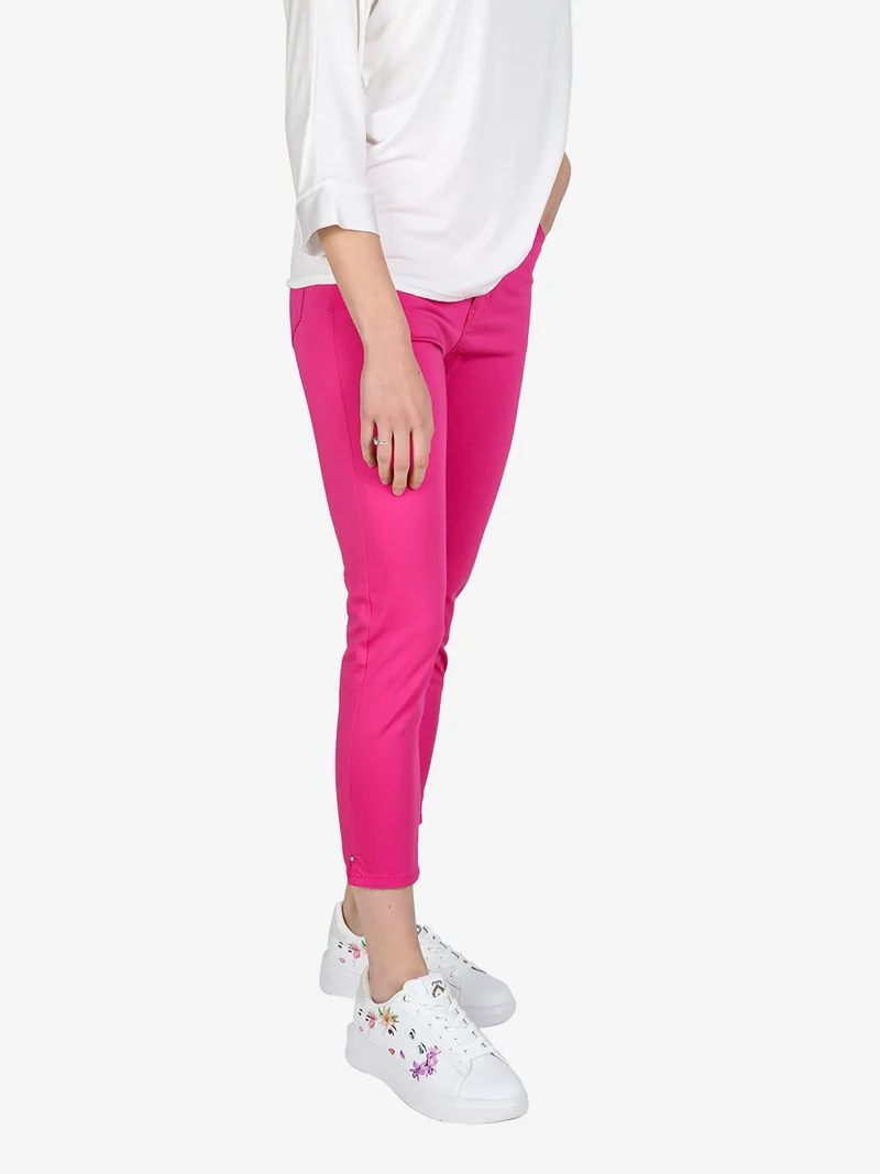 Pantaloni capri donna in cotone con piccolo spacco e strass sul finale - fucsia