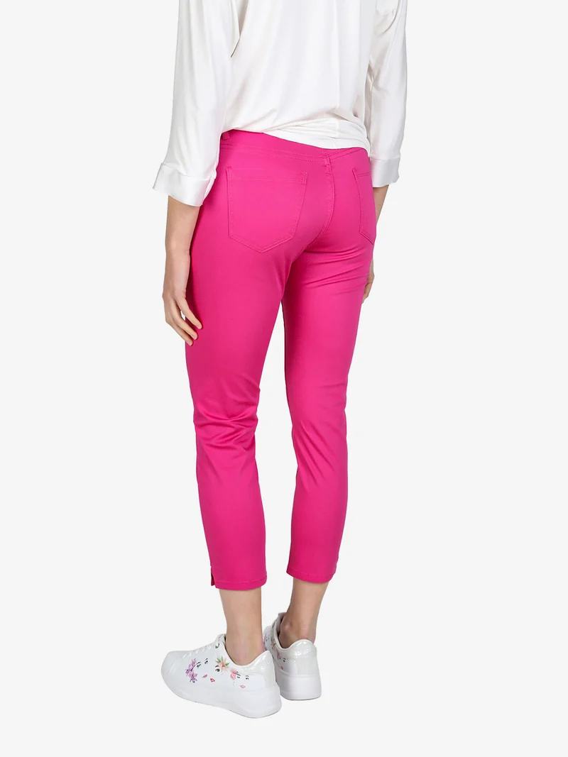 Pantaloni capri donna in cotone con piccolo spacco e strass sul finale - fucsia
