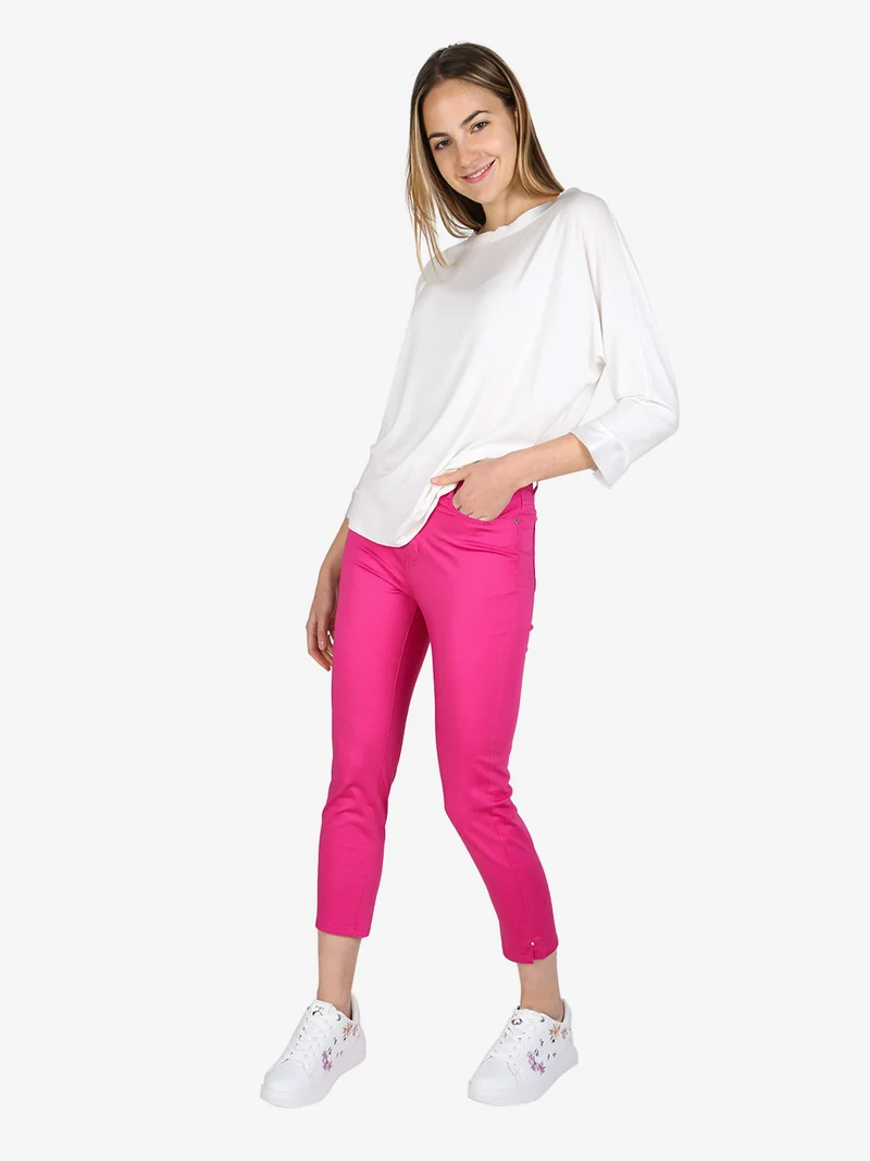 Pantaloni capri donna in cotone con piccolo spacco e strass sul finale - fucsia