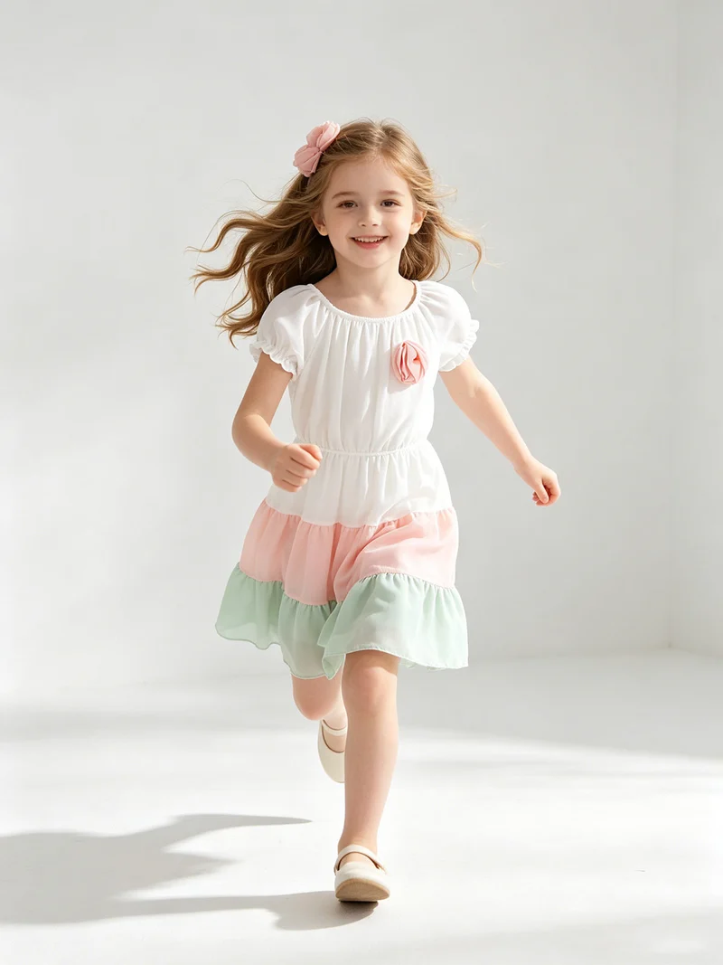 Abito da bambina rigato con rosellina - acqua marina