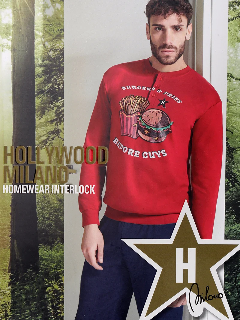 Pigiama lungo da uomo in cotone interlock - rosso