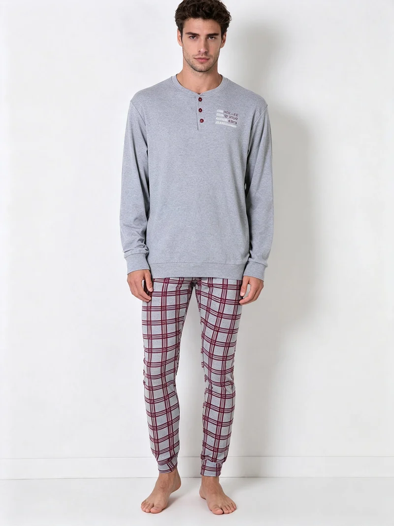 Pigiama lungo da uomo in cotone interlock con pantaloni a quadri - grigio