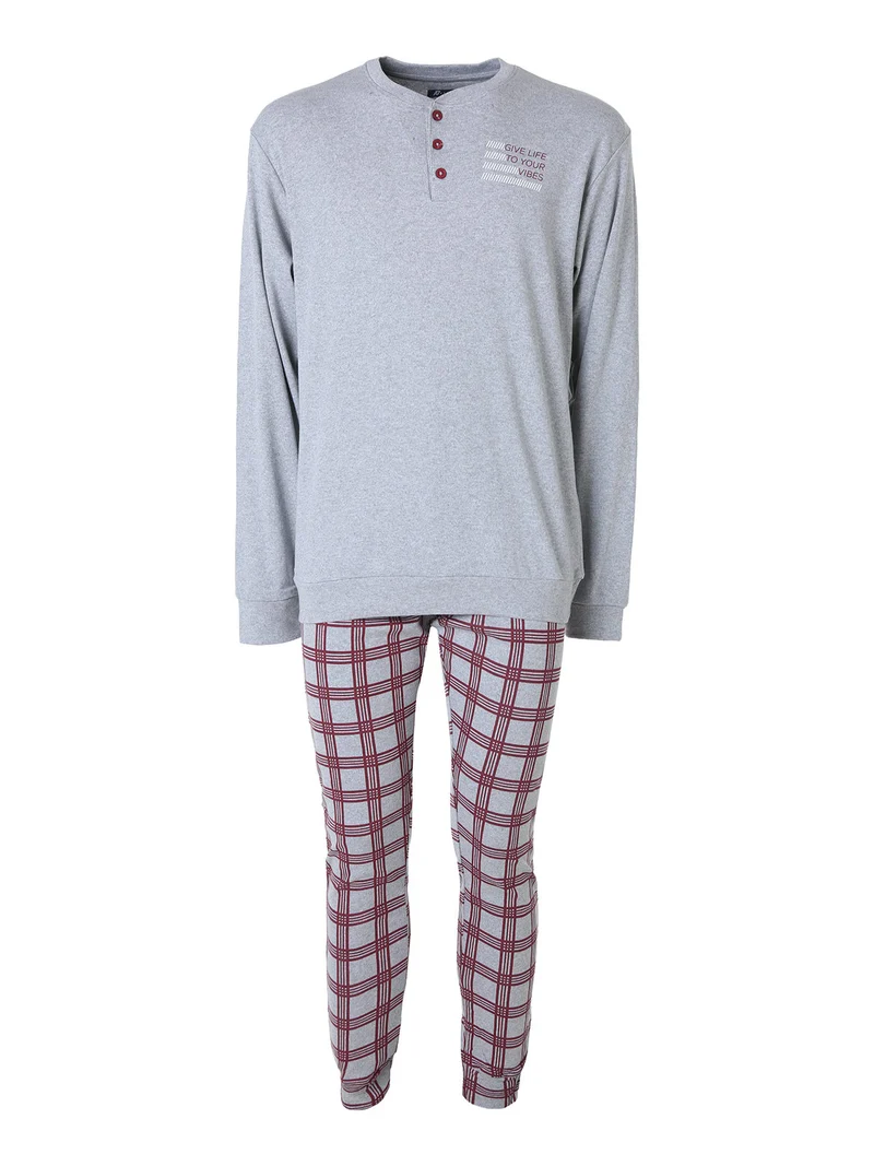Pigiama lungo da uomo in cotone interlock con pantaloni a quadri - grigio