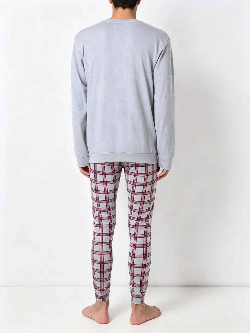 Pigiama lungo da uomo in cotone interlock con pantaloni a quadri - grigio