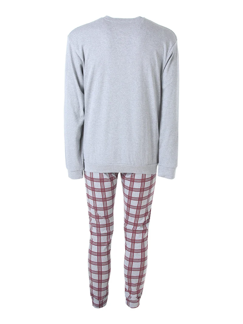 Pigiama lungo da uomo in cotone interlock con pantaloni a quadri - grigio