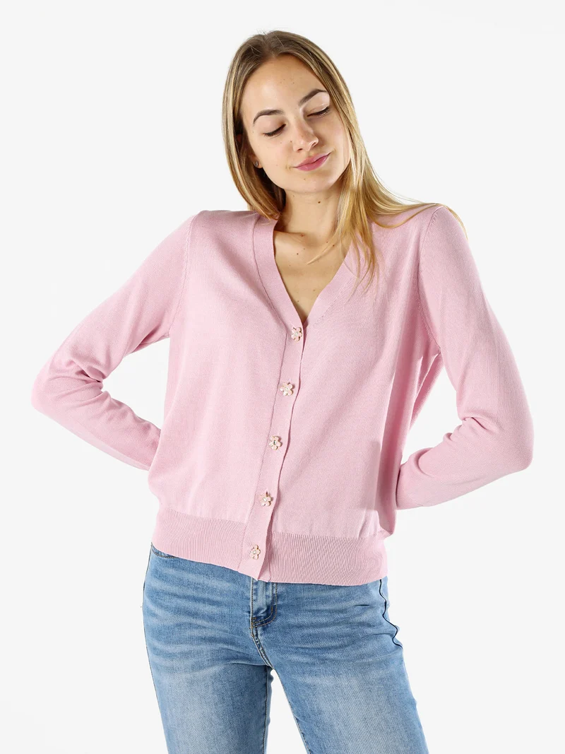 Cardigan donna con bottoni eleganti a fiore - rosa
