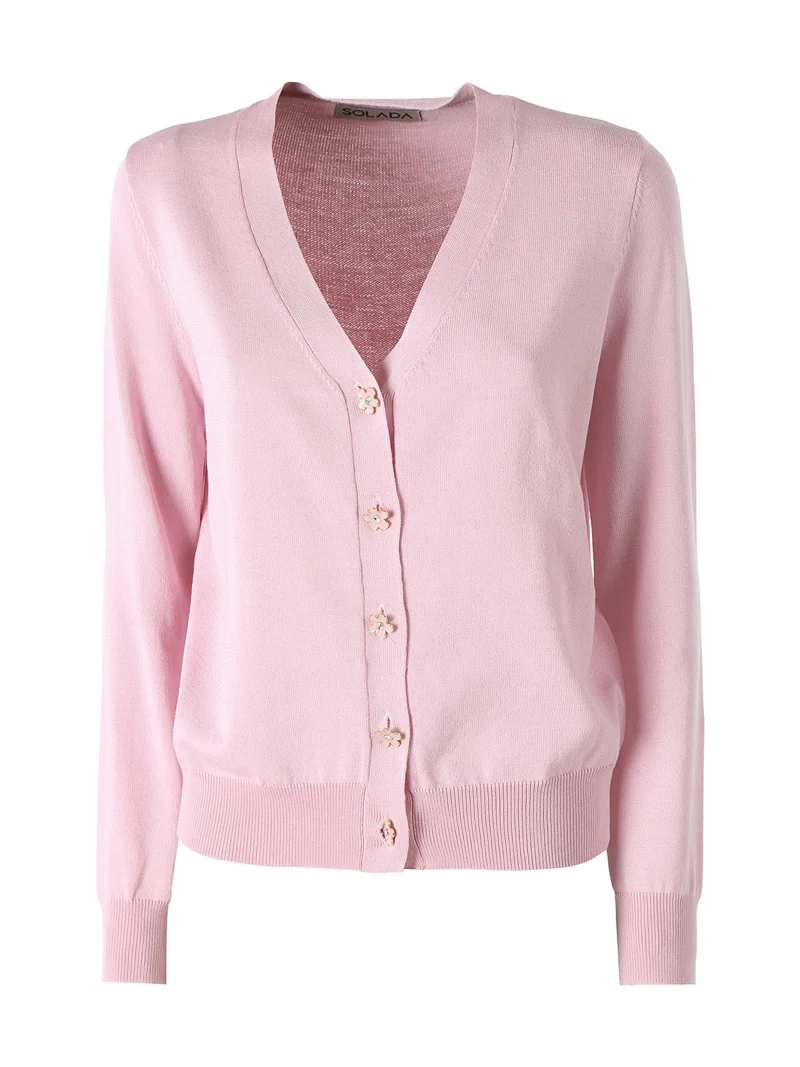 Cardigan donna con bottoni eleganti a fiore - rosa