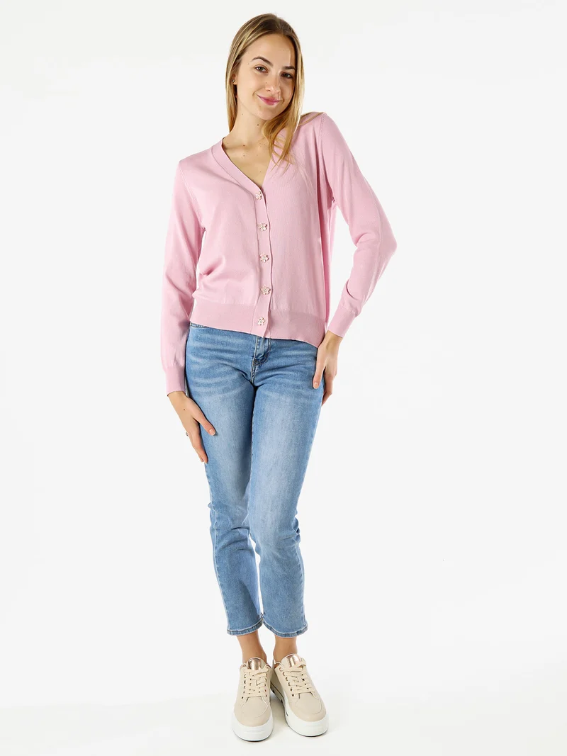 Cardigan donna con bottoni eleganti a fiore - rosa