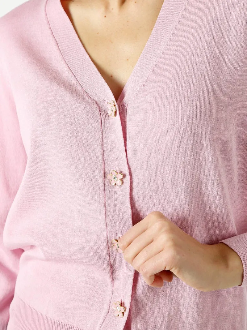 Cardigan donna con bottoni eleganti a fiore - rosa