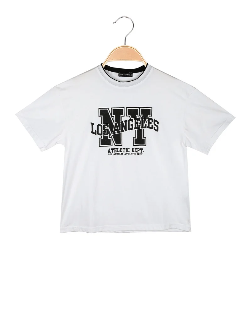 T-shirt da bambino in cotone con stampa scritta - bianco