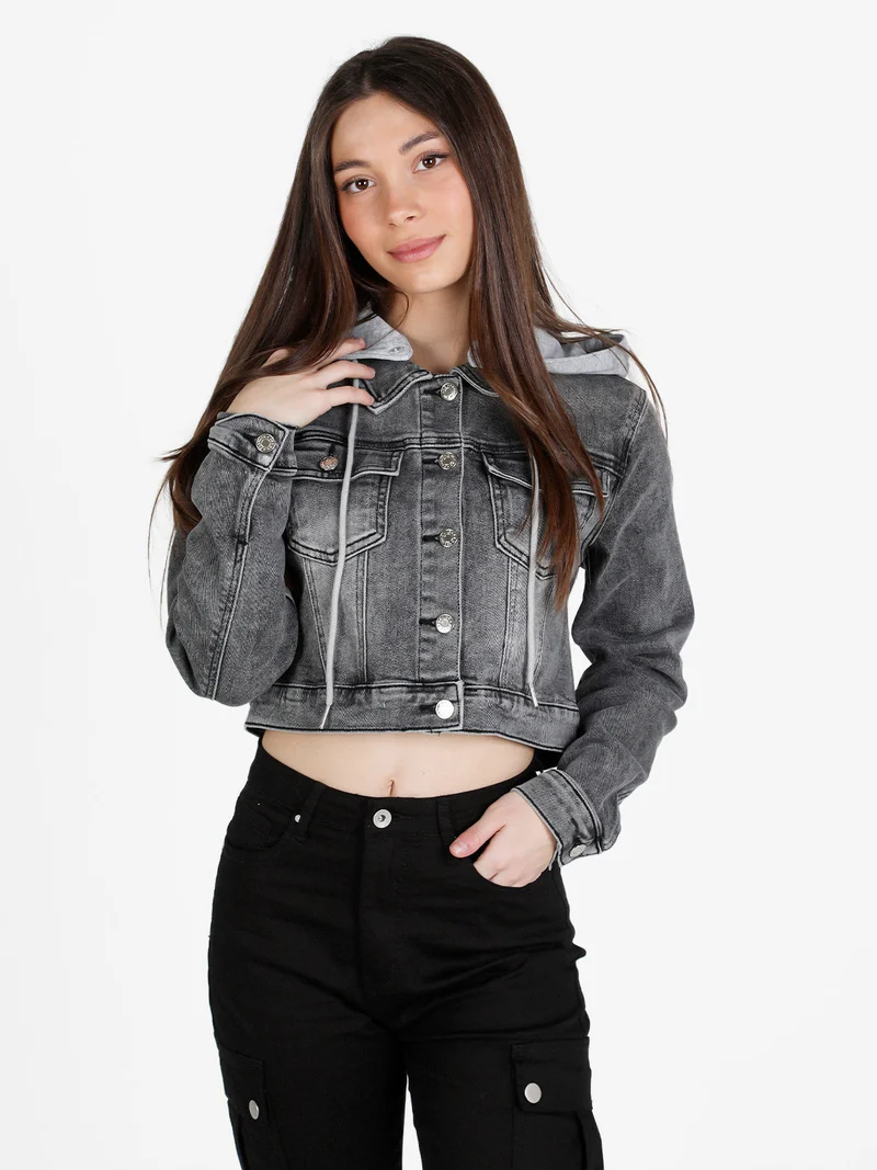Giacca donna in jeans con cappuccio in felpa - grigio scuro