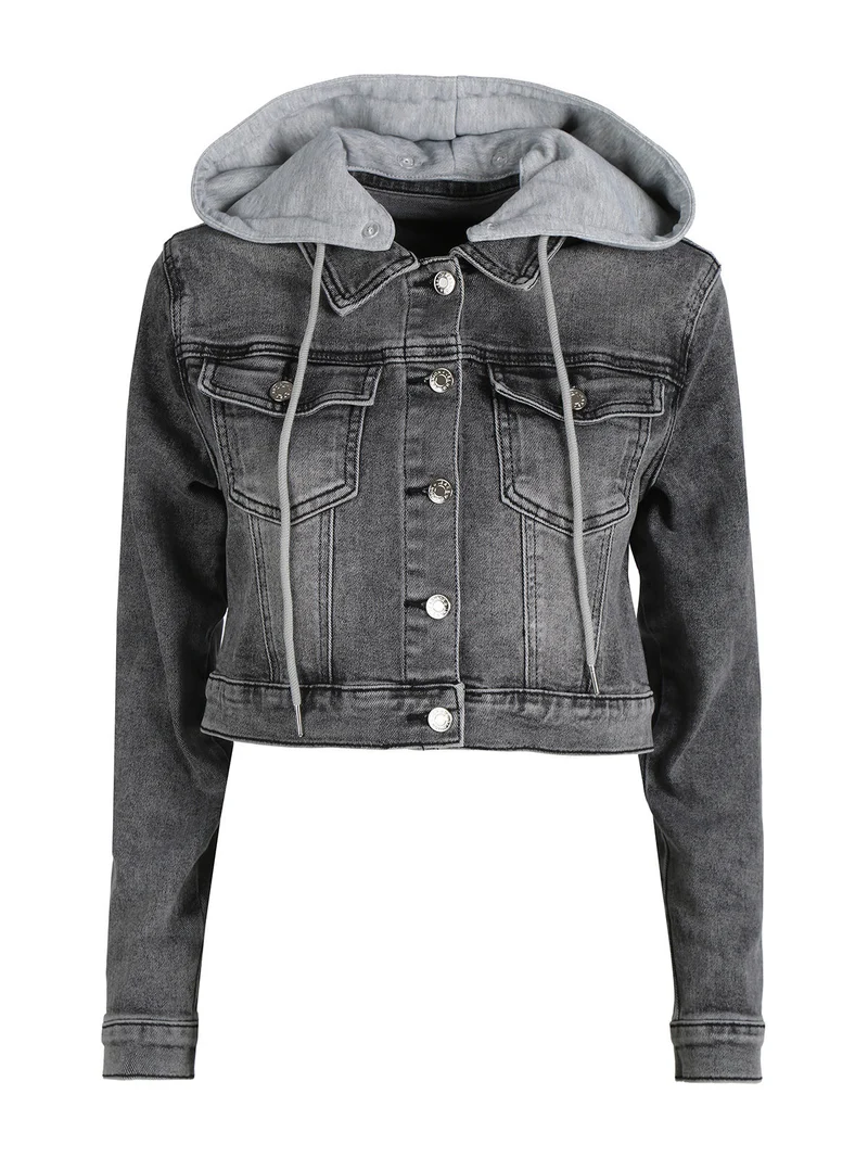 Giacca donna in jeans con cappuccio in felpa - grigio scuro