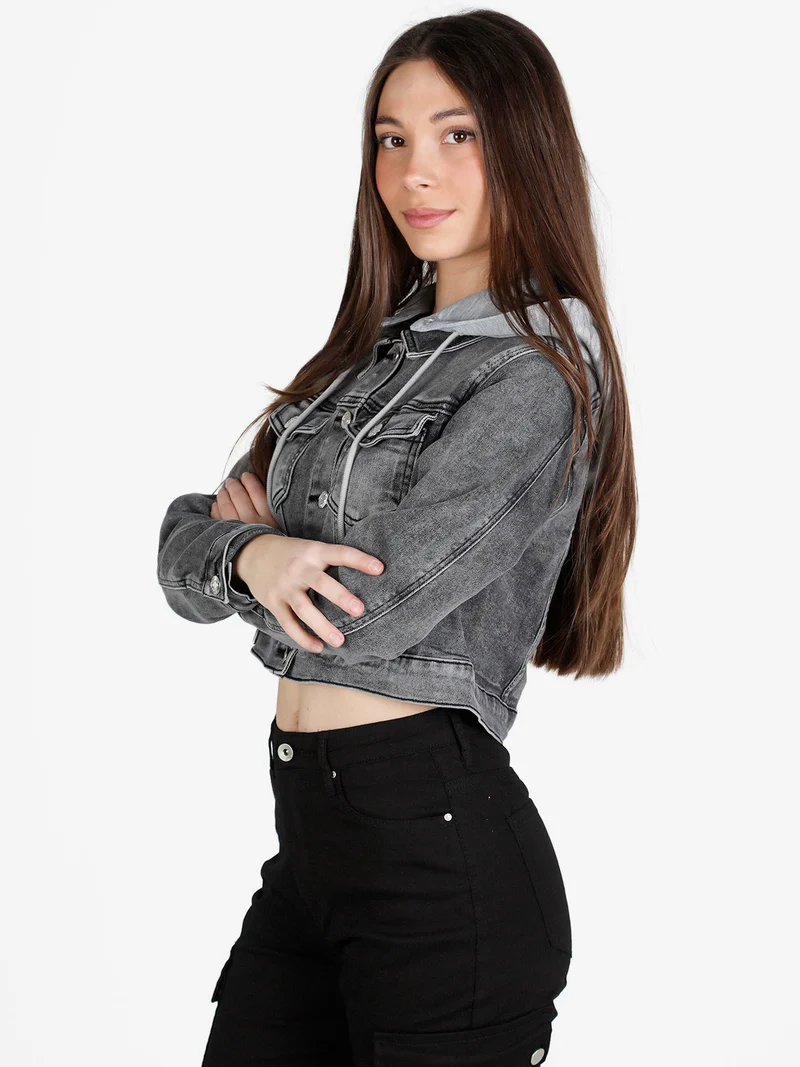 Giacca donna in jeans con cappuccio in felpa - grigio scuro