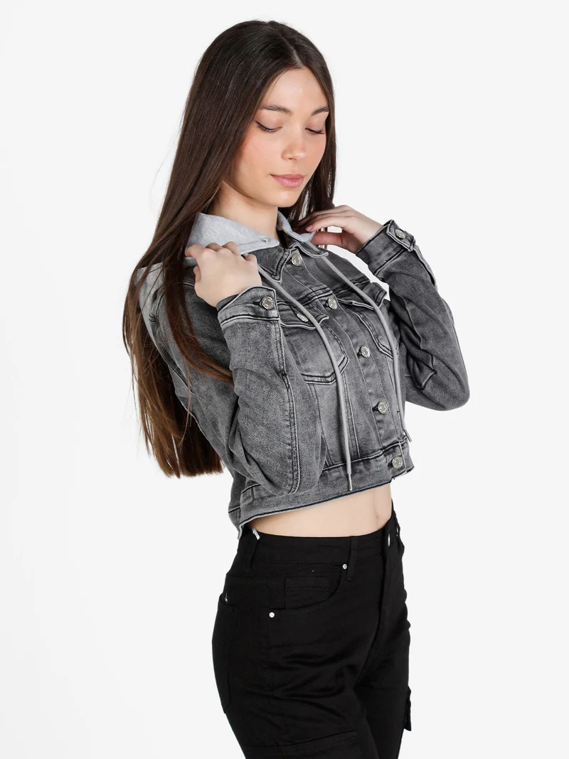Giacca donna in jeans con cappuccio in felpa - grigio scuro