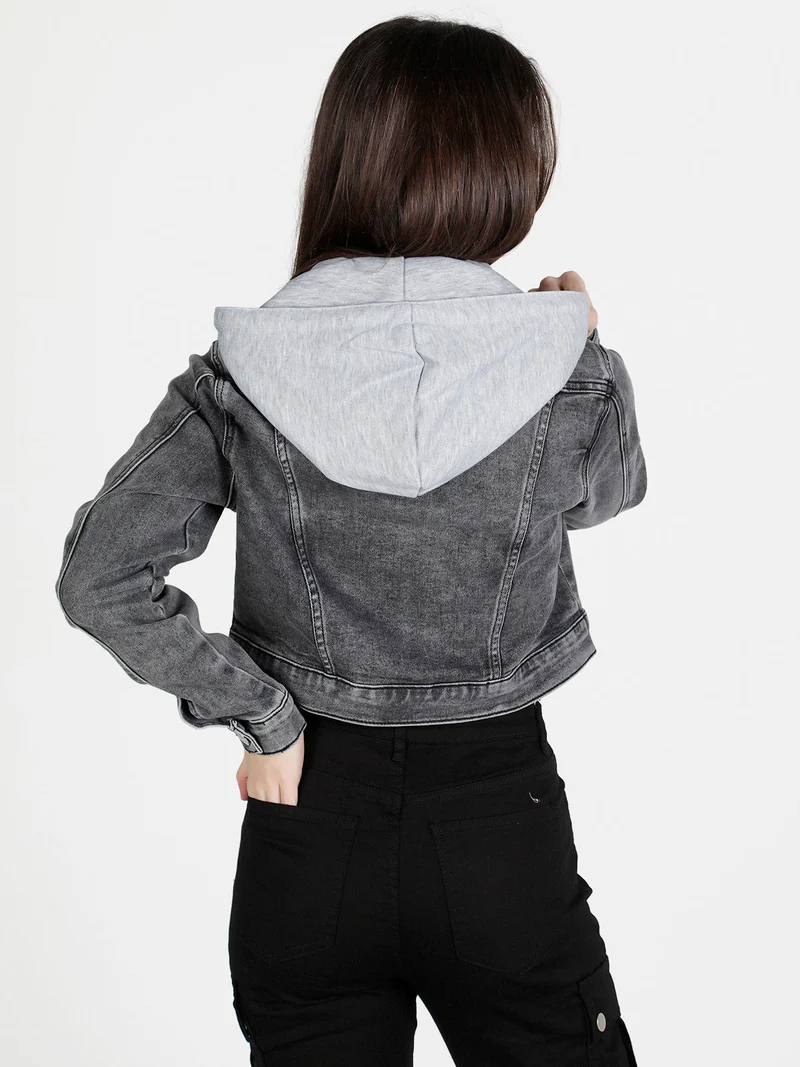 Giacca donna in jeans con cappuccio in felpa - grigio scuro