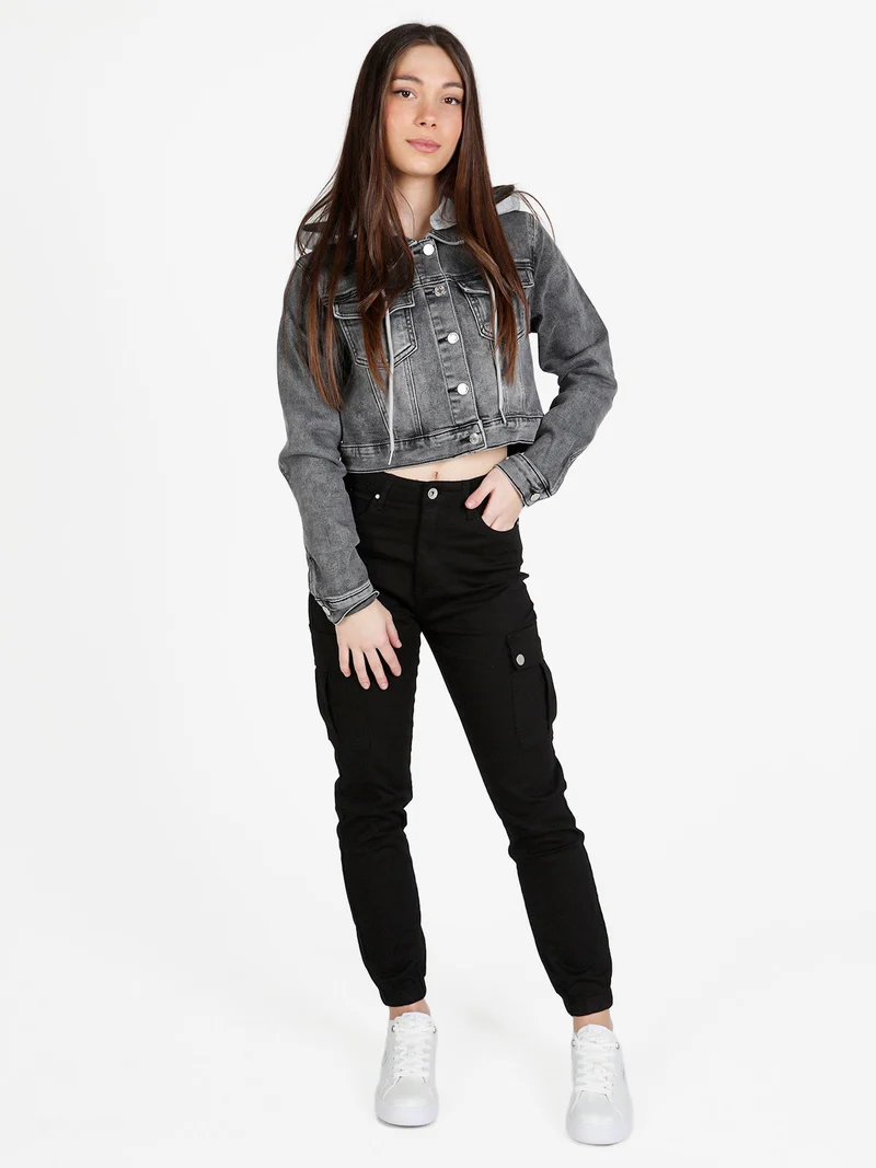 Giacca donna in jeans con cappuccio in felpa - grigio scuro