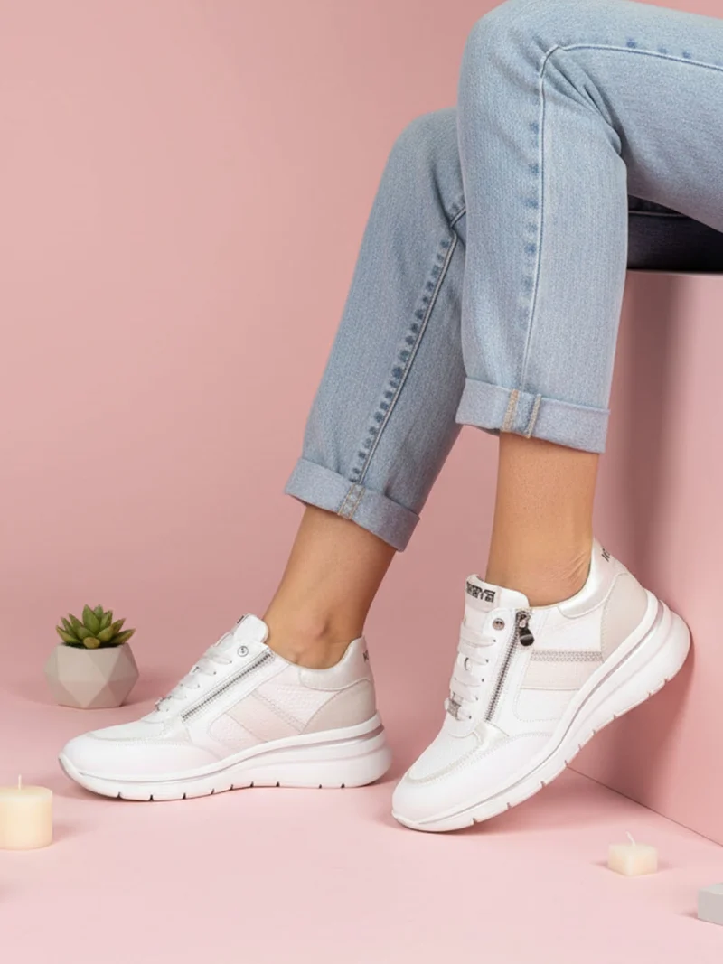 Sneakers donna con zeppa e doppia zip - bianco