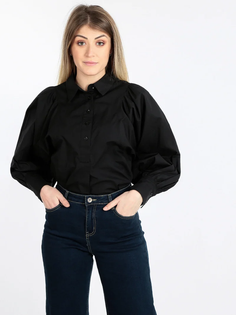 Camicia donna in cotone con maniche a palloncino - nero