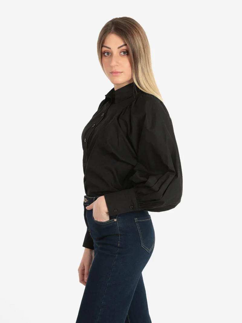 Camicia donna in cotone con maniche a palloncino - nero