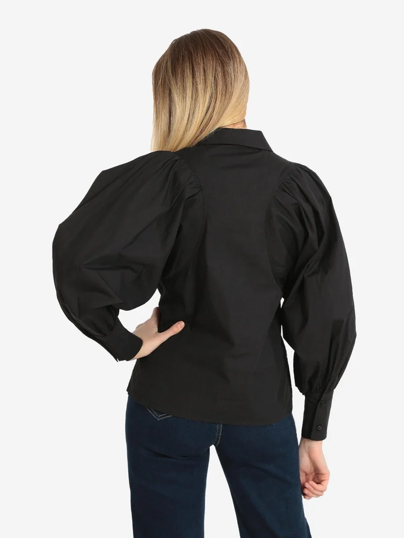 Camicia donna in cotone con maniche a palloncino - nero