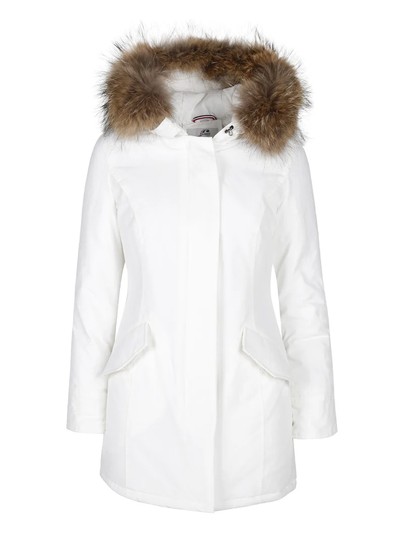 Giubbotto donna con cappuccio peloso - bianco