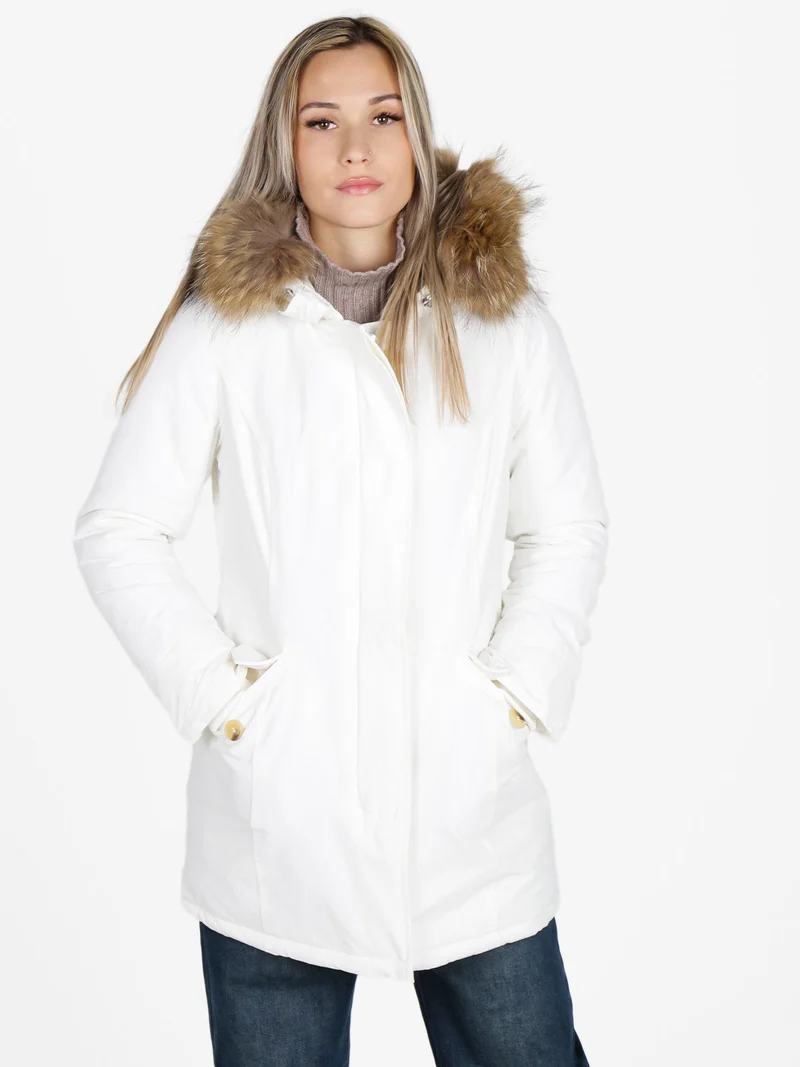 Giubbotto donna con cappuccio peloso - bianco