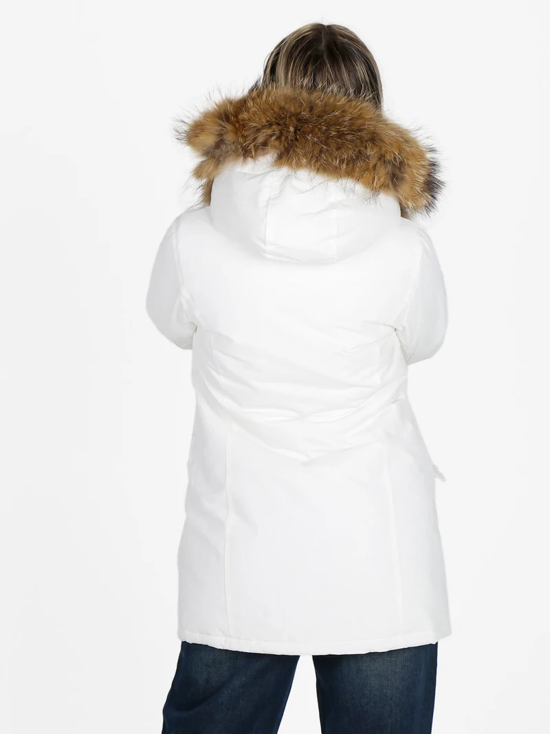 Giubbotto donna con cappuccio peloso - bianco