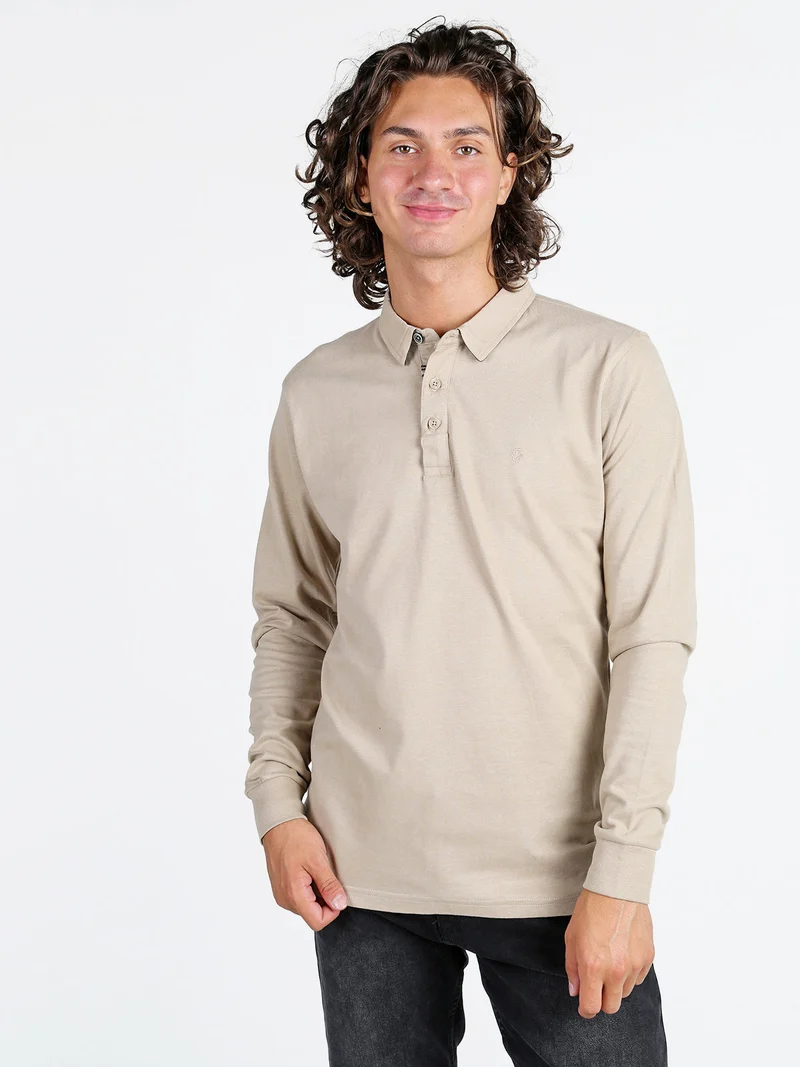 Polo da uomo in cotone a maniche lunghe - sabbia