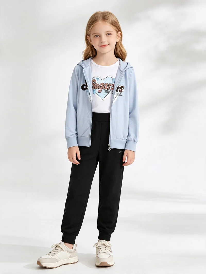 Completo tuta da bambina 3 pezzi con paillettes cappuccio e zip - azzurro