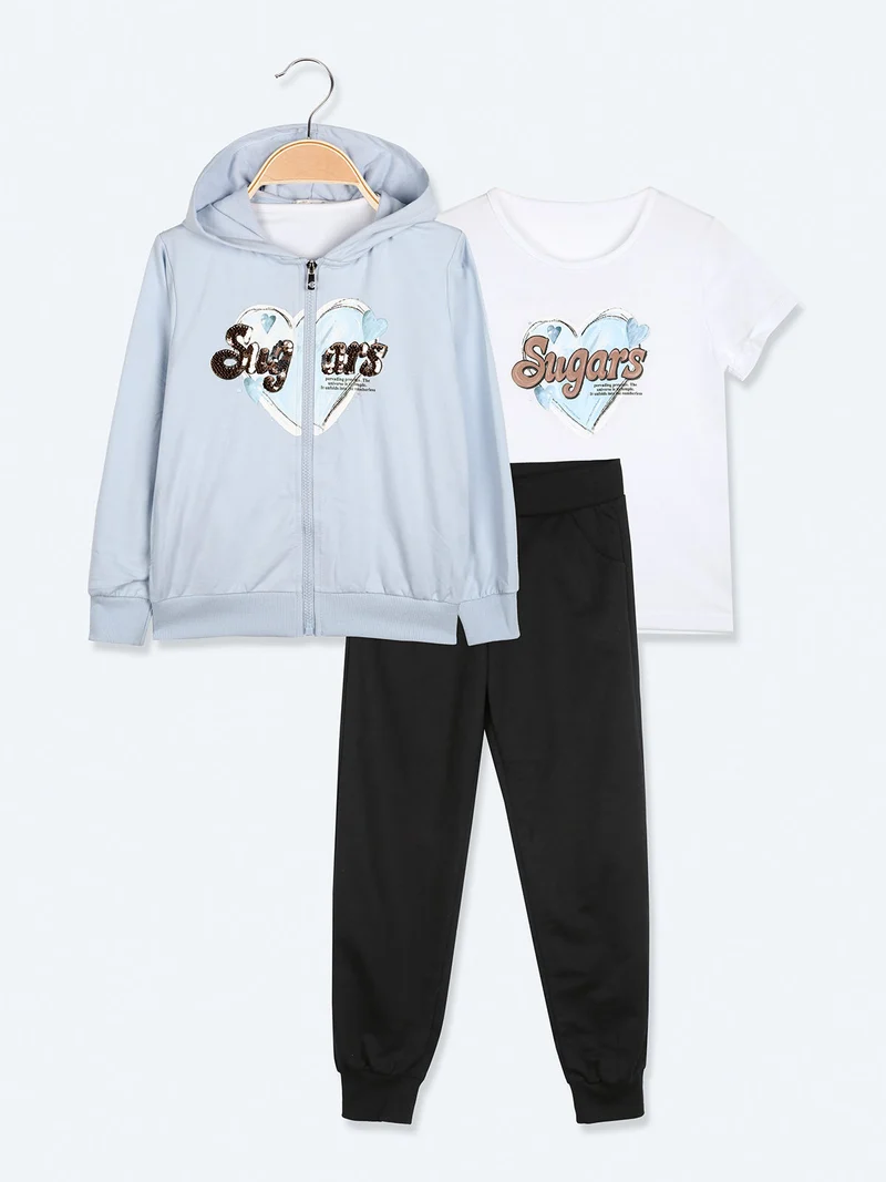 Completo tuta da bambina 3 pezzi con paillettes cappuccio e zip - azzurro