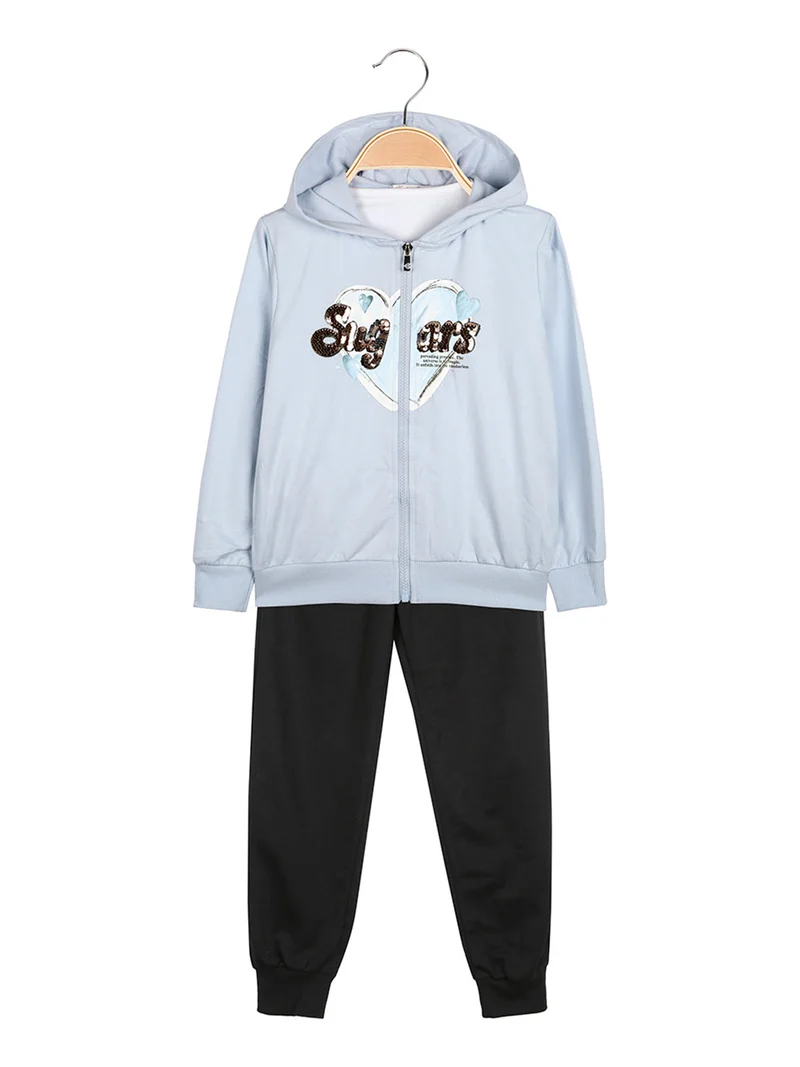 Completo tuta da bambina 3 pezzi con paillettes cappuccio e zip - azzurro
