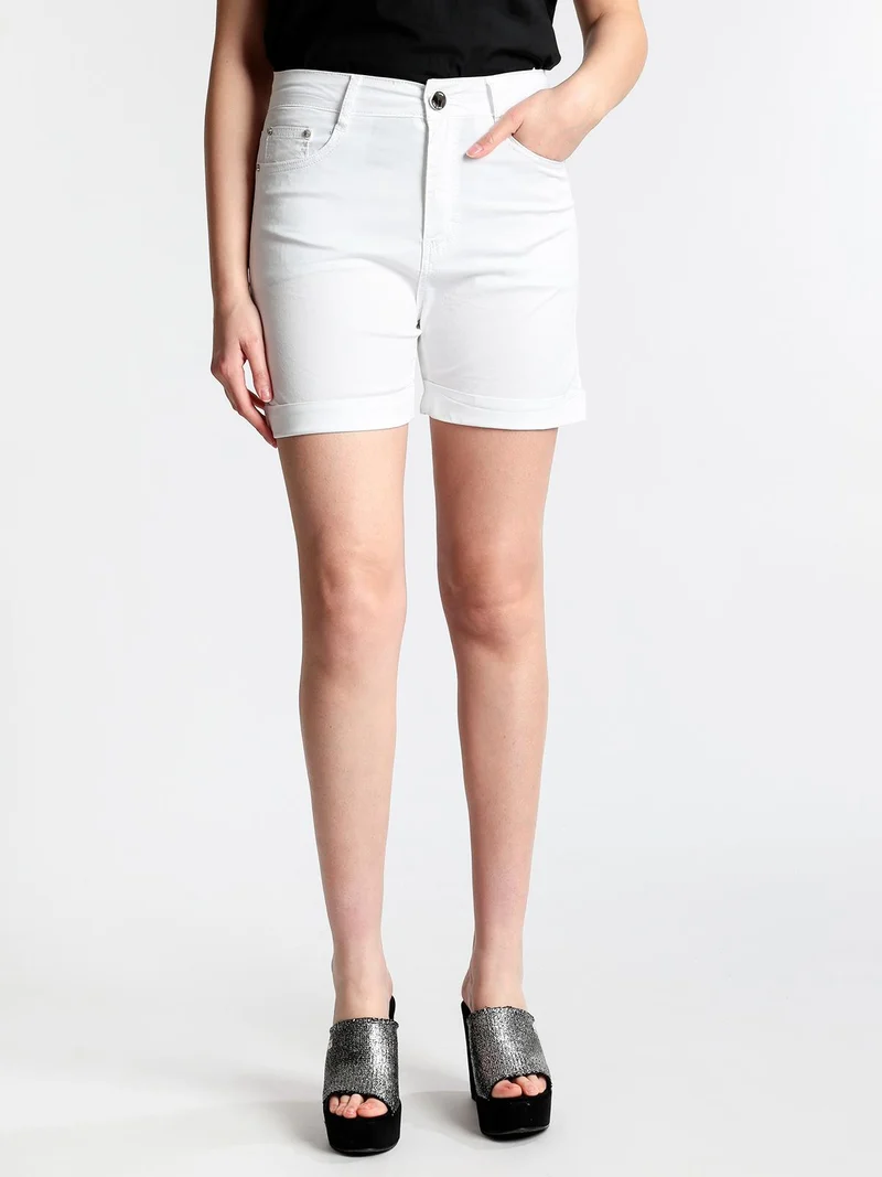 Pantaloncini a vita alta in cotone con risvolti - bianco