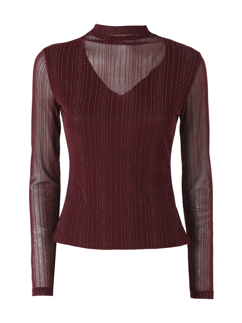 Maglia donna accollata con maniche lunghe velate e dettagli lurex - bordeaux