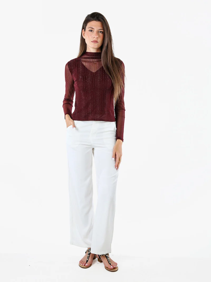 Maglia donna accollata con maniche lunghe velate e dettagli lurex - bordeaux