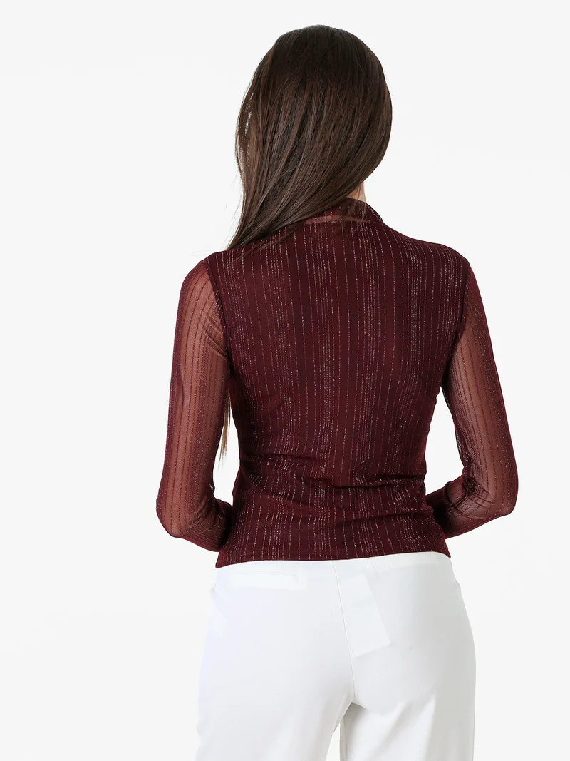 Maglia donna accollata con maniche lunghe velate e dettagli lurex - bordeaux