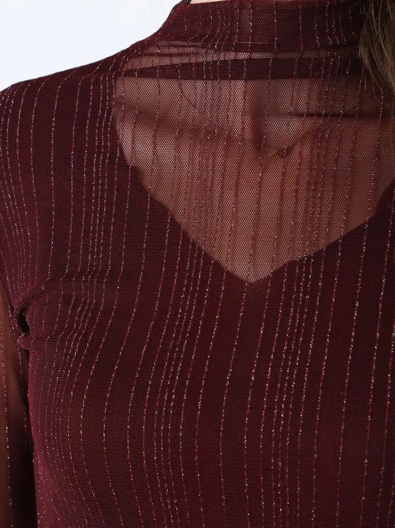 Maglia donna accollata con maniche lunghe velate e dettagli lurex - bordeaux