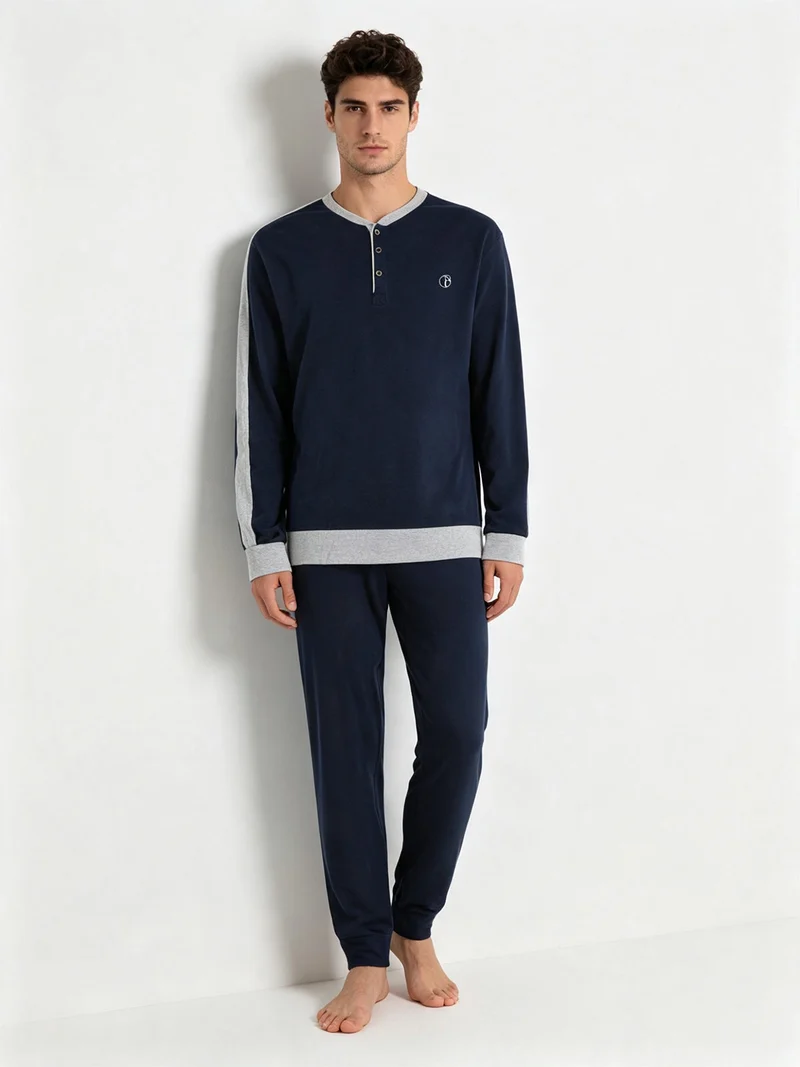 Pigiama lungo da uomo in cotone - blu scuro