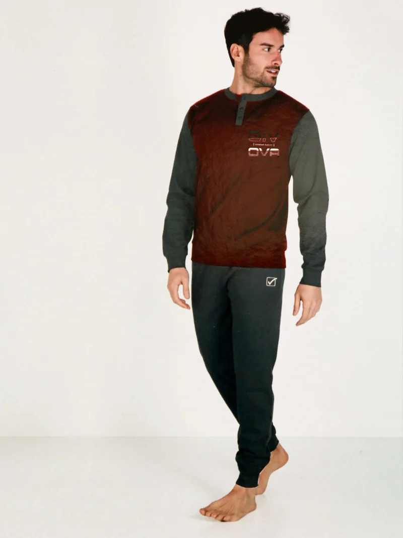 Pigiama lungo da uomo in misto cotone interlock - bordeaux