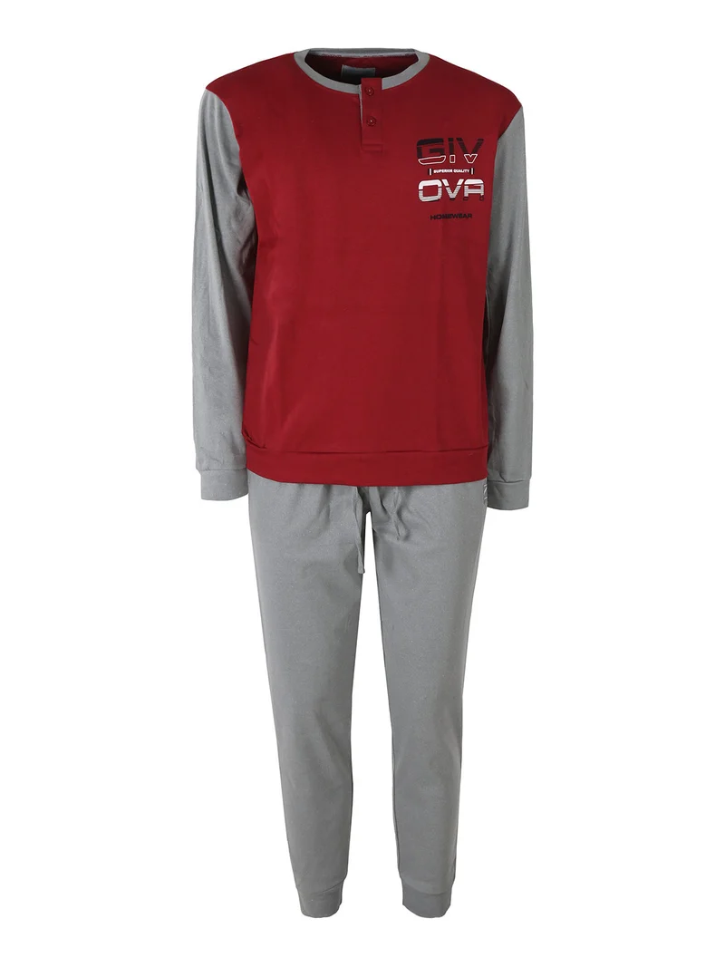 Pigiama lungo da uomo in misto cotone interlock - bordeaux