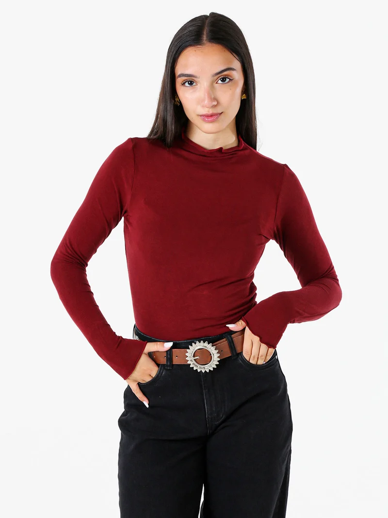 Maglia donna accollata a maniche lunghe - bordeaux