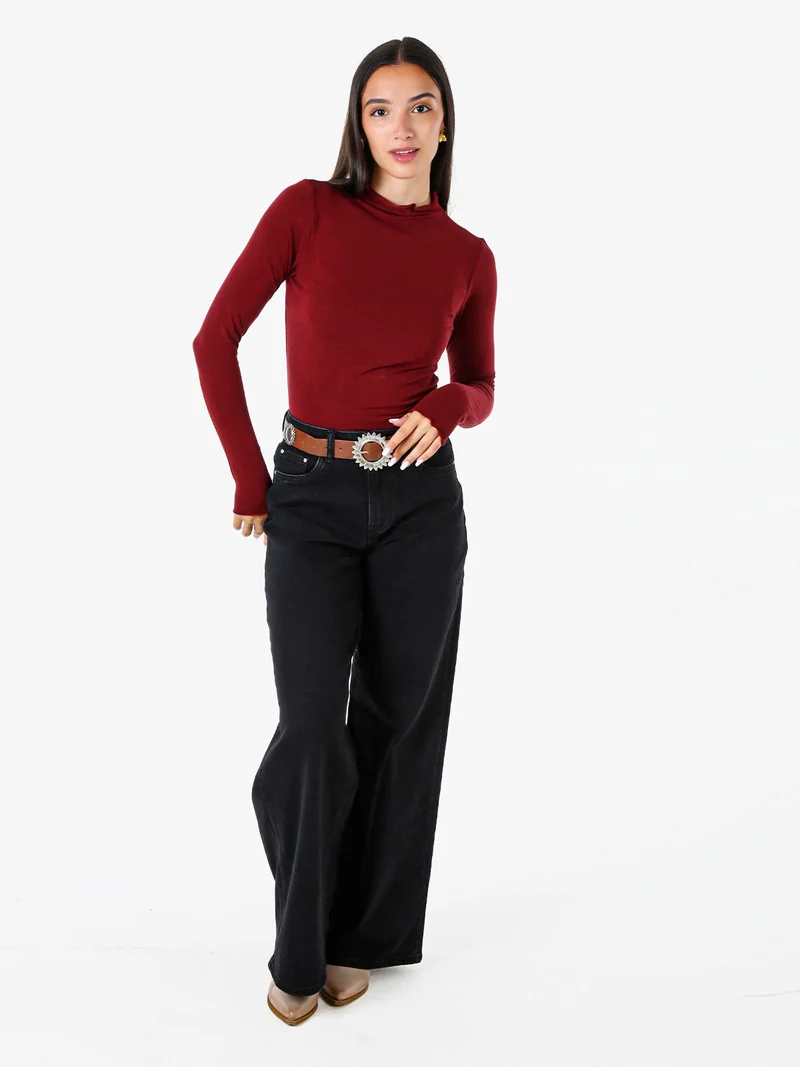 Maglia donna accollata a maniche lunghe - bordeaux