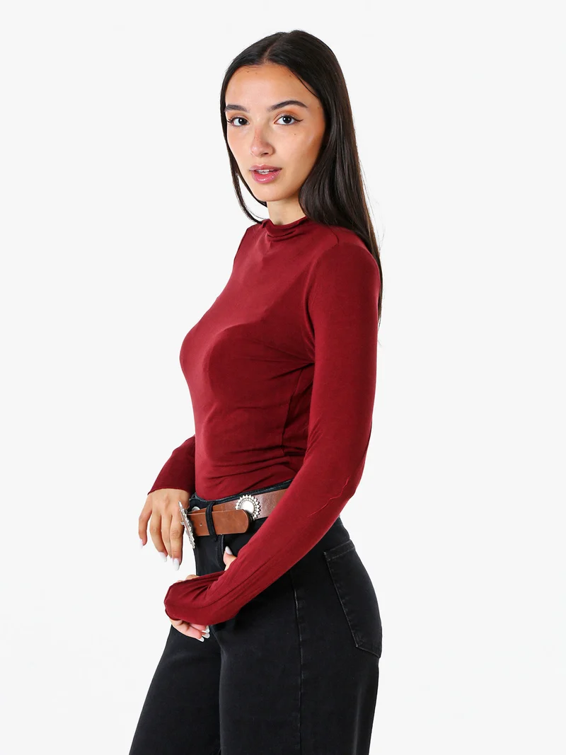 Maglia donna accollata a maniche lunghe - bordeaux