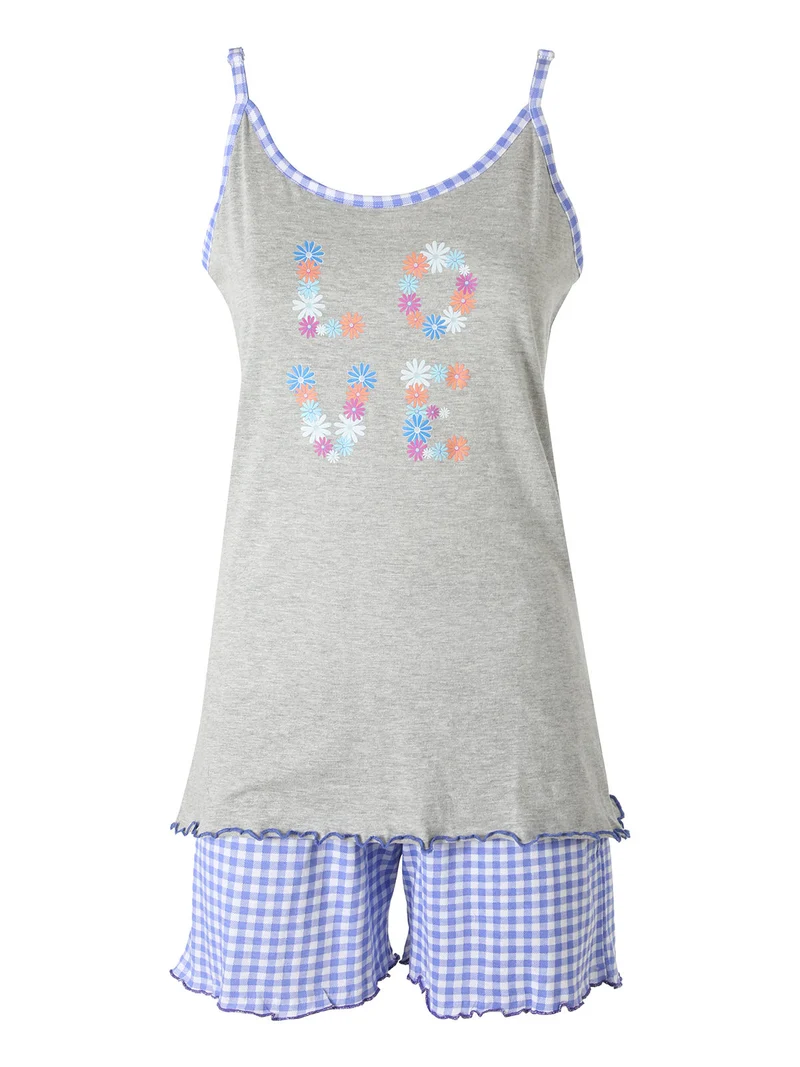 Pigiama corto da donna con spalline sottili e shorts a quadretti - grigio