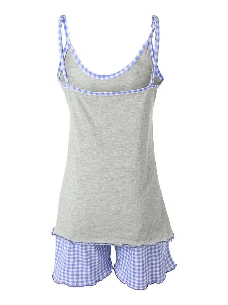 Pigiama corto da donna con spalline sottili e shorts a quadretti - grigio