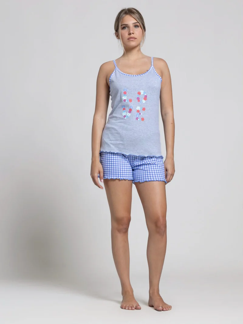 Pigiama corto da donna con spalline sottili e shorts a quadretti - grigio