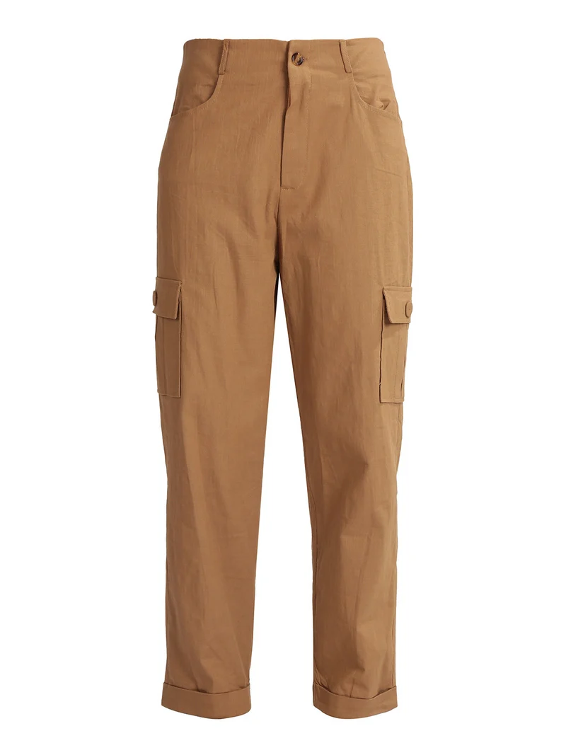 Pantaloni in lino da donna con tasconi - cammello