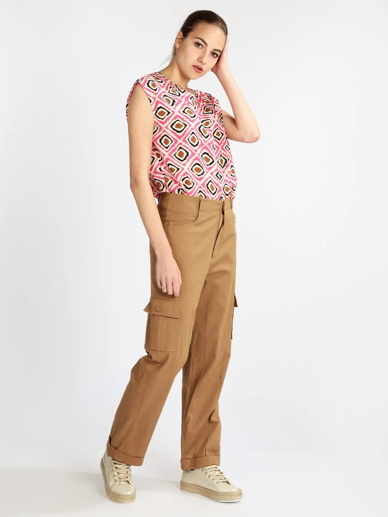 Pantaloni in lino da donna con tasconi - cammello