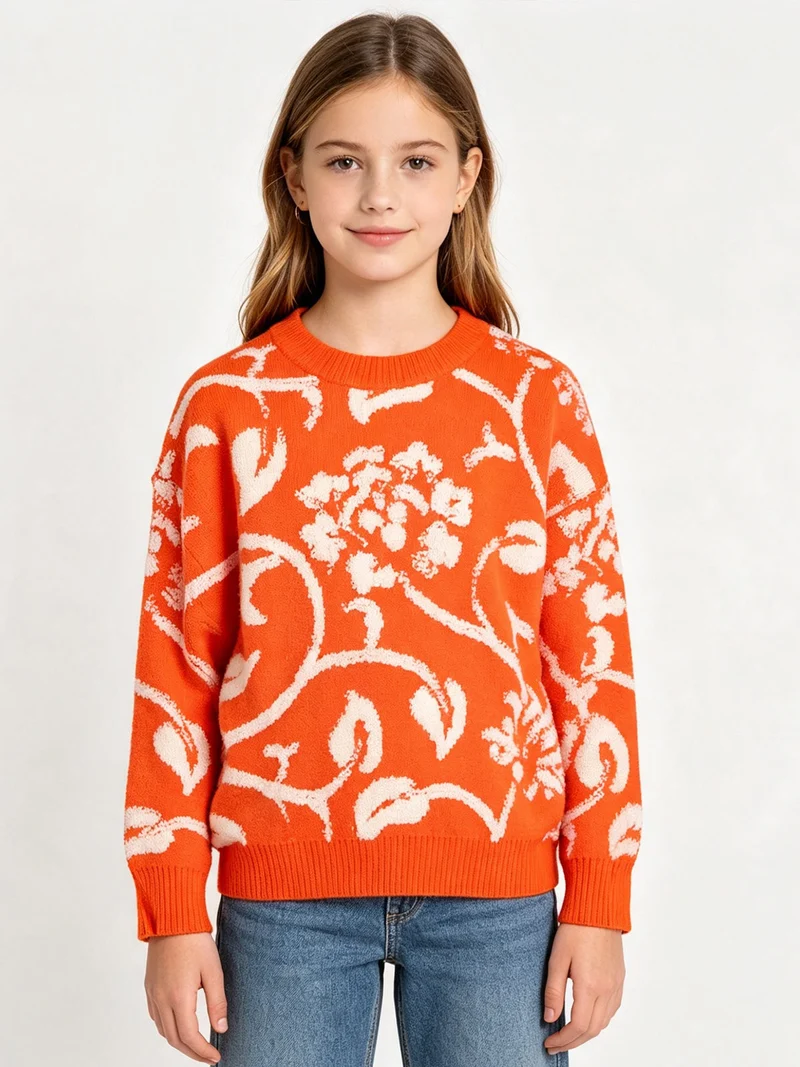 Maglione girocollo da bambina misto lana - arancione