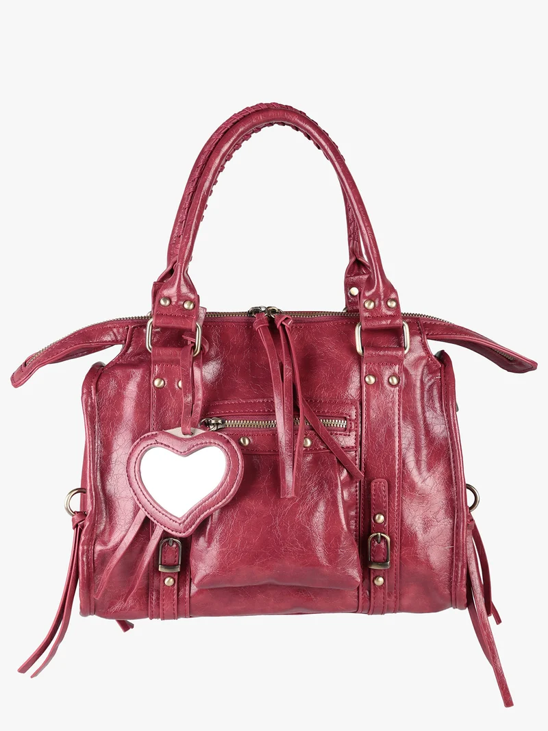 Borsa donna a bauletto con doppi manici e accessorio specchietto - bordeaux